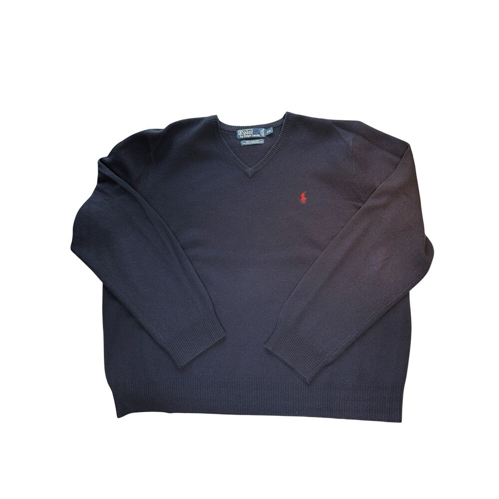 Polo Ralph Lauren Men's Navy Blue Lambswool Sweater XXL Knit V-Neck Pullover